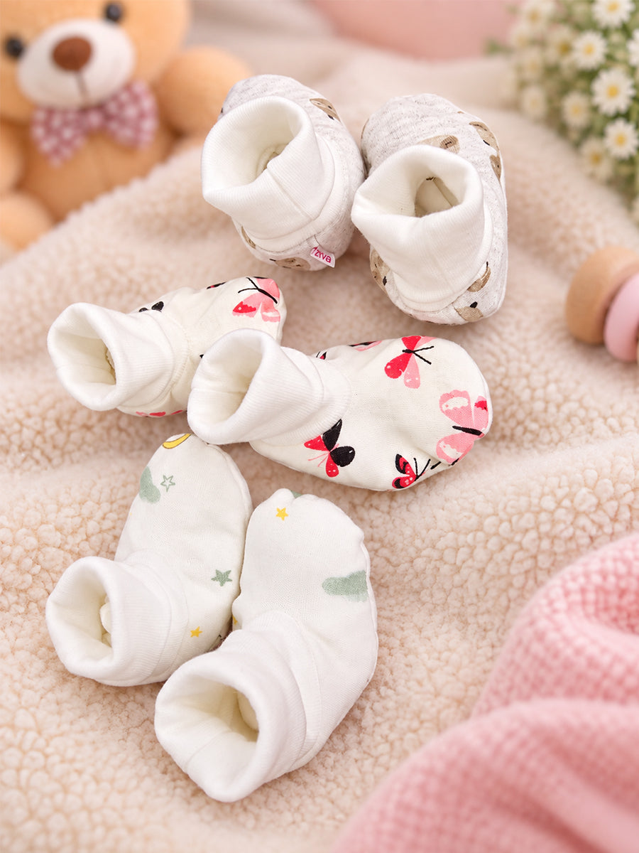 Ziva Premium Baby Booties – Pack of 3 Pairs | Knitted Cotton | Assorted Unisex Prints – Teddy, Butterfly & Cloud & Star Theme (Print & Colour Details: Check Product Description)