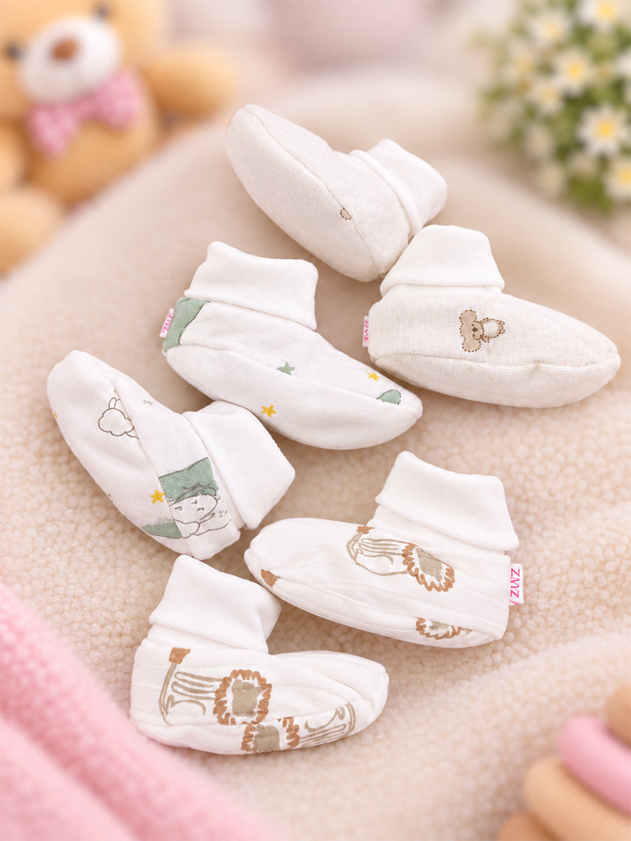 Ziva Premium Baby Booties – Pack of 3 Pairs | Knitted Cotton | Assorted Unisex Prints – Little Animal, Cloud-Star & Lion Theme(Print & Colour Details: Check Product Description)