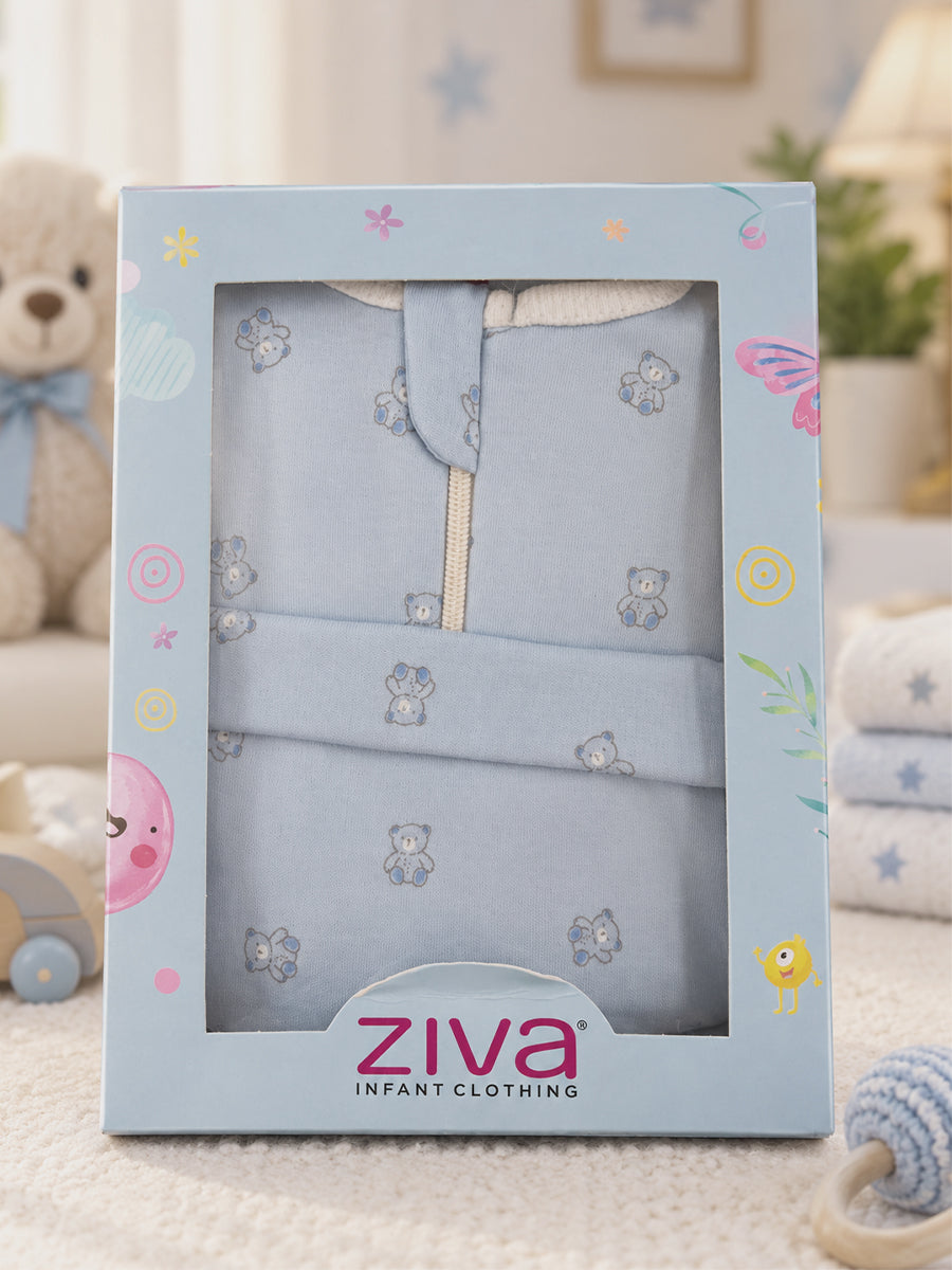 Ziva Baby Sleepsuit with Cap – Powder Blue Tiny Teddy Print | Premium Knitted Cotton | Front Zip | Fold-Over Mittens & Integrated Booties
