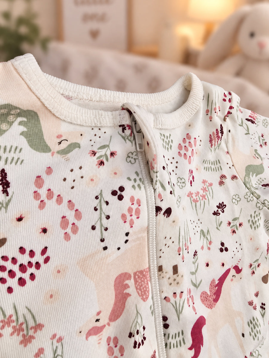 Ziva Baby Sleepsuit with Cap – Off White Unicorn Garden Print | Premium Knitted Cotton | Front Zip | Fold-Over Mittens & Integrated Booties