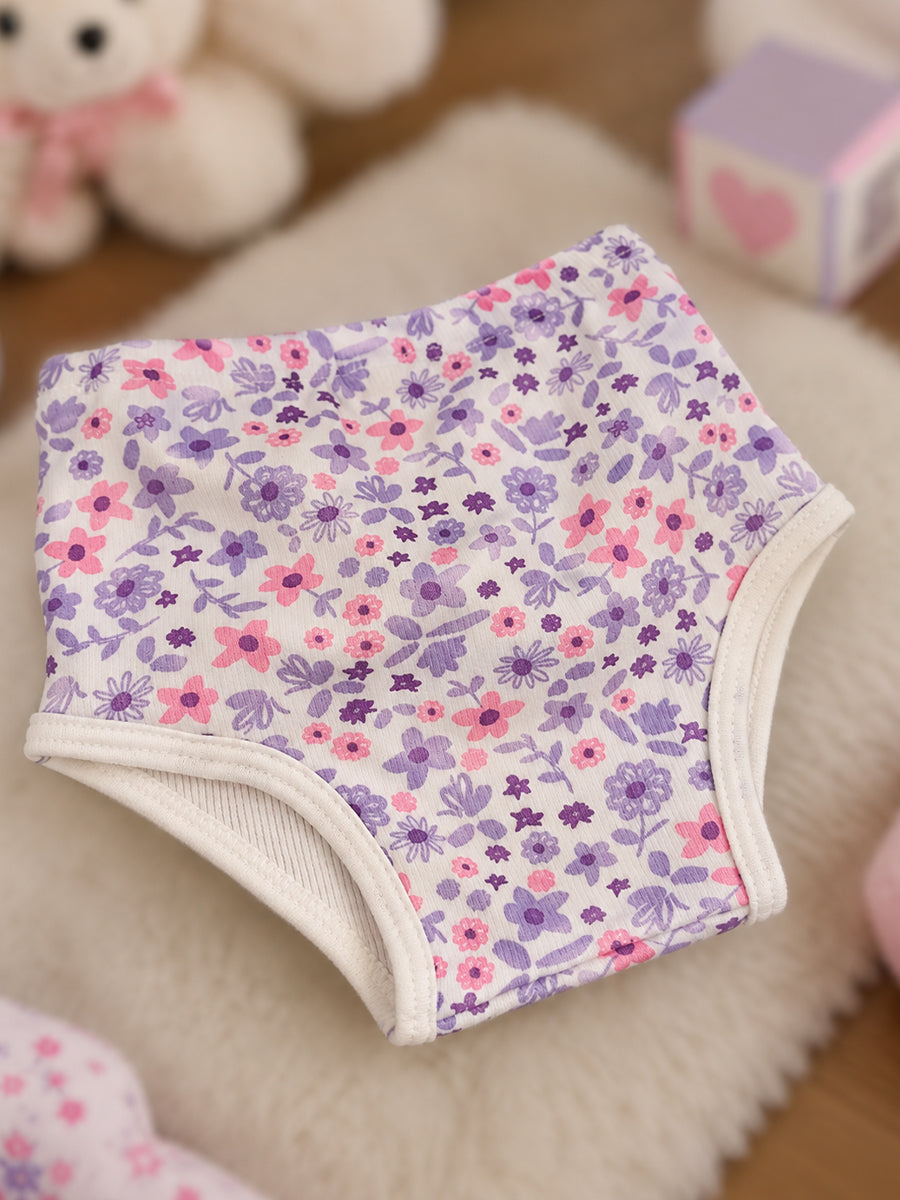 Ziva Baby Girl Frock with Pantie – Lavender & Pink Floral Print | Premium Knitted Cotton | White Lace Yoke | 2-Piece Set