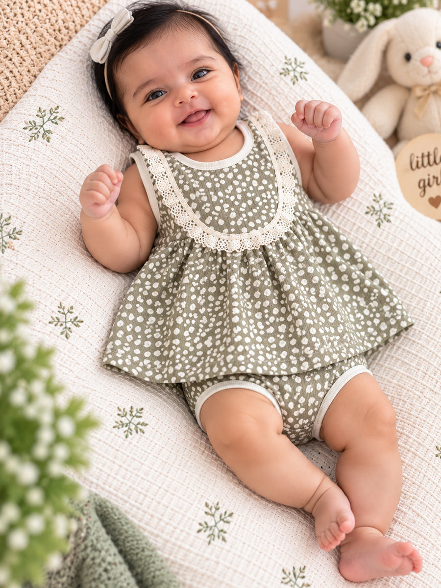 Ziva Baby Girl Frock with Pantie – Olive Sage White Dot Print | Premium Knitted Cotton | White Lace Yoke | 2-Piece Set