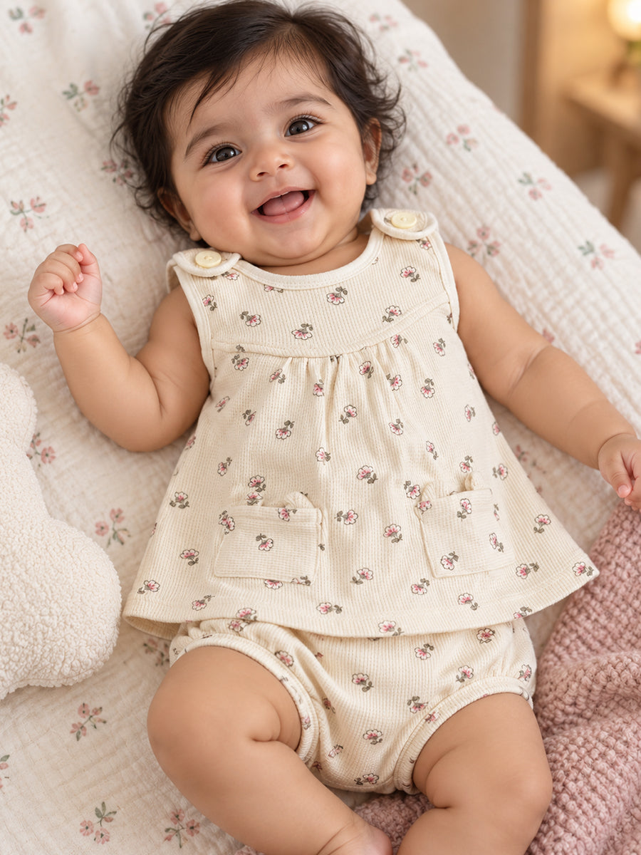 Ziva Baby Girl Frock with Pantie – Soft Cream Tiny Blossom Print | Premium Knitted Cotton | Shoulder Buttons & Front Pockets | 2-Piece Set