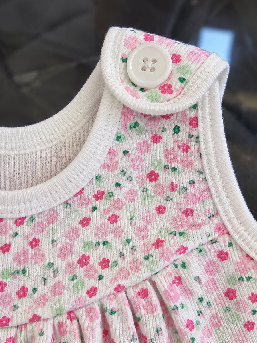 Ziva Baby Girl Frock with Pantie – Soft Cream Tiny Pink Floral Print | Premium Knitted Cotton | Shoulder Buttons & Front Pockets | 2-Piece Set