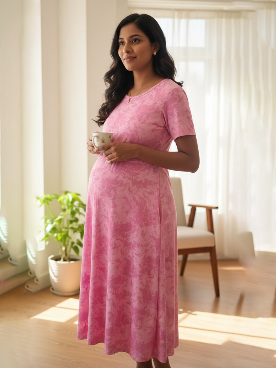Zipless Maternity & Feeding Dress – Pink Marble Print with Adjustable Tie and Side Pocket | Ziva