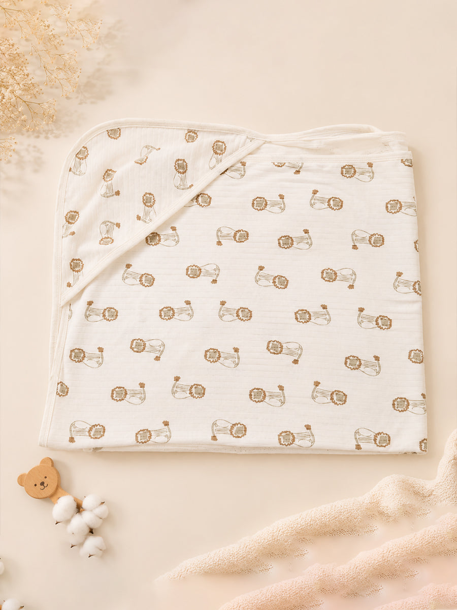 Ziva Baby Hooded Towel – Off White | Lion Cub Print | 100% Knitted Cotton