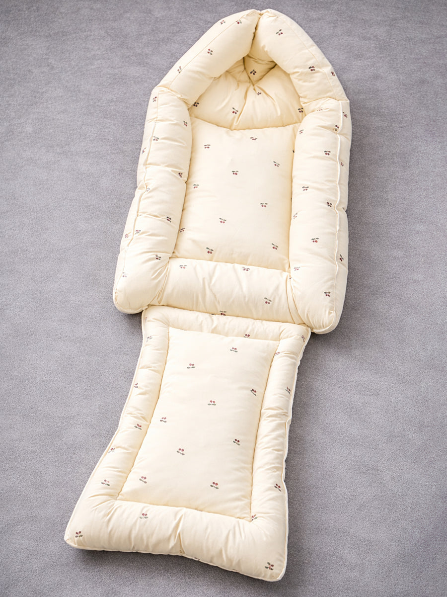 Ziva 3-in-1 Baby Bed – Carry Nest cum Sleeping Bag (Cherry Print, Cream | Organic Cotton Fabric)