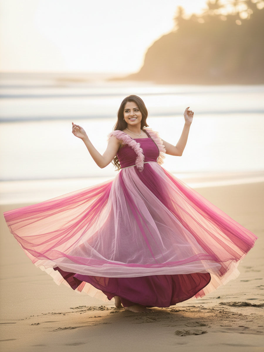 Wine & Pink Shaded Baby Shower & Photoshoot Gown with Pleated Yoke and Flowing Net Skirt