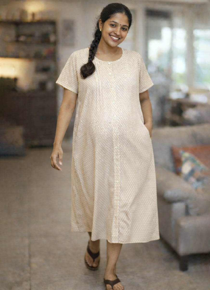 Cream Geometric Print Cotton Full Open Maternity & Feeding Short Nighty