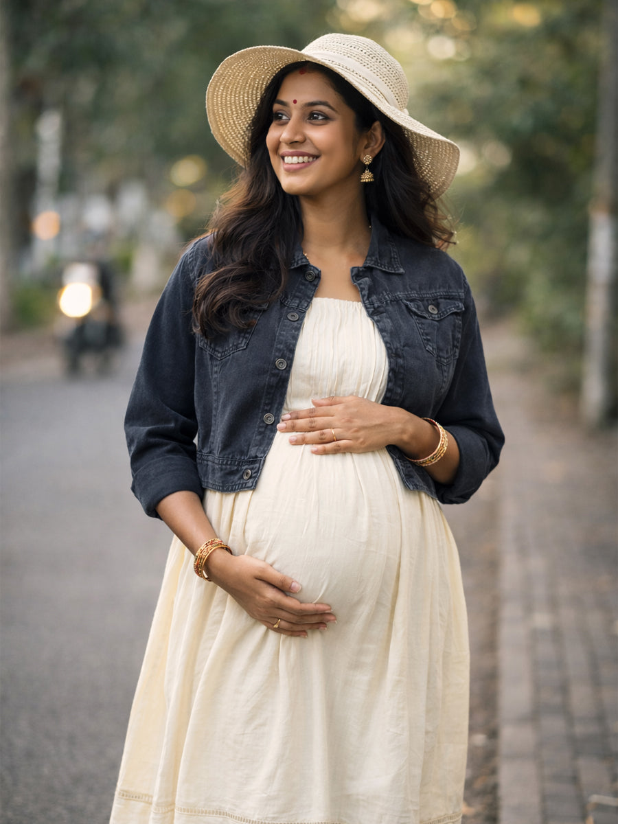 Light Cream Cotton Mull Maternity & Nursing Midi Dress with Soft Lining and Dark Grey Denim Jacket