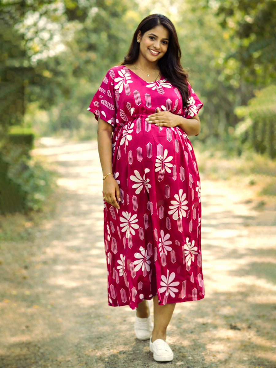 Ziva Rani Pink Floral Maternity & Feeding Kaftan | Premium Comfort