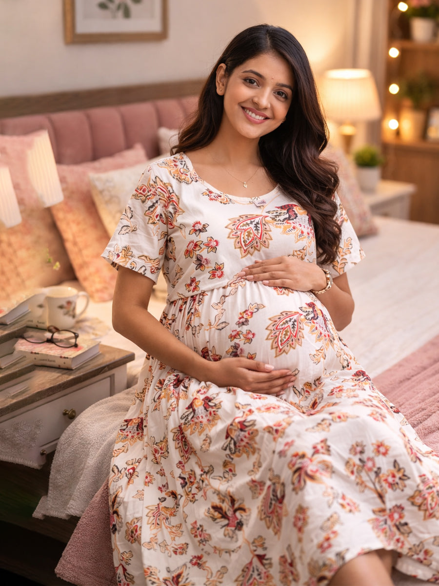 Ziva Zipless Maternity & Feeding Gathered Dress – Off-White Floral Paisley