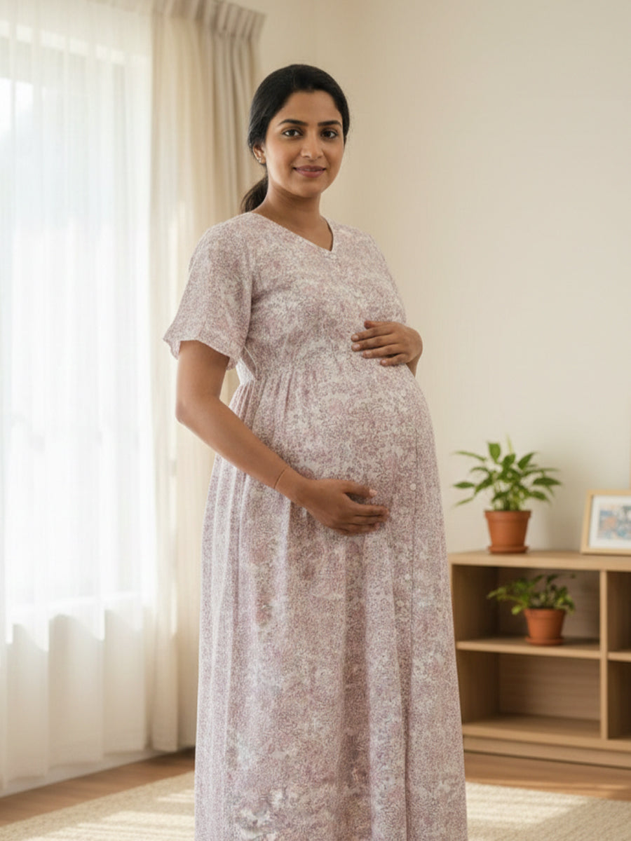 Cotton Full Open Floral Maternity Nighty – Full Length White & Peach Floral Print | Ziva