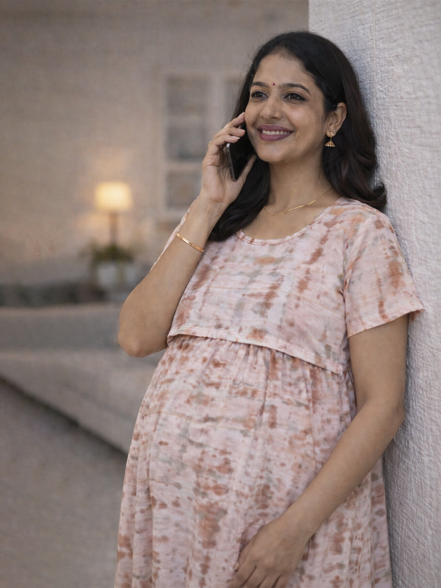 Light Pink Tie-Dye Zipless Maternity & Nursing Gathered Dress – Adjustable Waist Tie with Pocket
