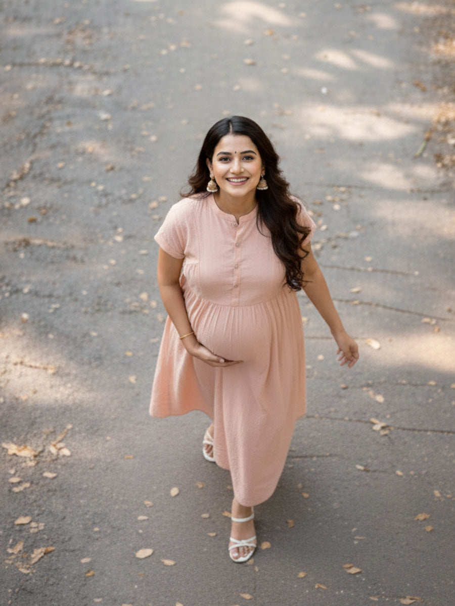 Ziva Peach Pink Premium Crinkle Textured Maternity & Nursing Dress