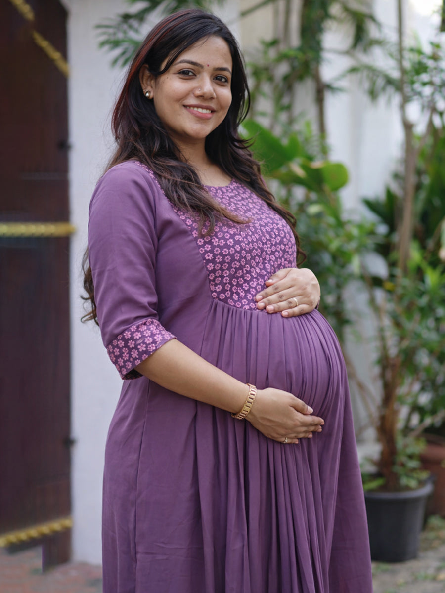 ZIVA Maternity & Feeding Elegant Purple Party Wear Dress with Pleated Yoke & D-Net Sleeves