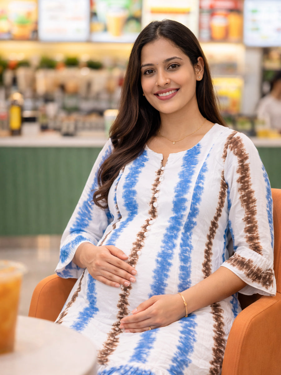 ZIVA White Tie-Dye Rayon Maternity & Feeding Knee-Length Dress with Potli Button Yoke