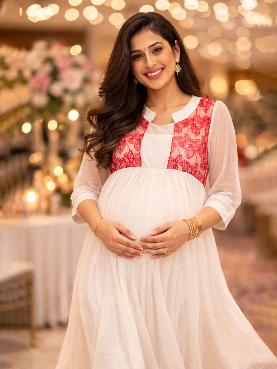 ZIVA Elegant White & Red Maternity & Feeding Party Wear Kurti with D-Net Embroidered Yoke