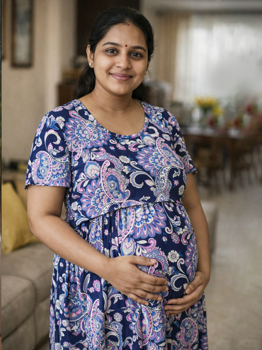 ZIVA Navy Paisley Zipless Maternity & Feeding Dress with Adjustable Tie and Side Pocket