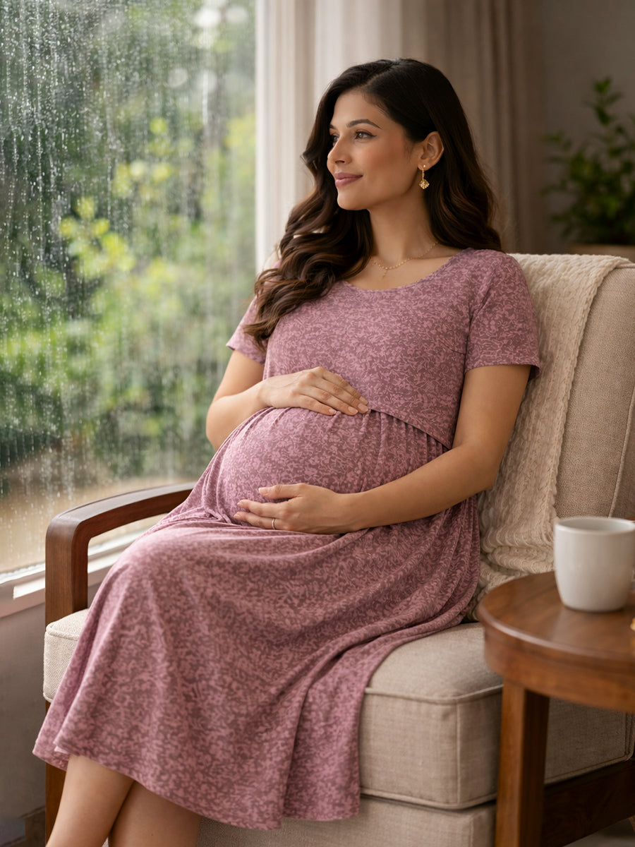 ZIVA Mountbatten Pink Floral Zipless Maternity & Feeding Dress with Adjustable Tie and Side Pocket