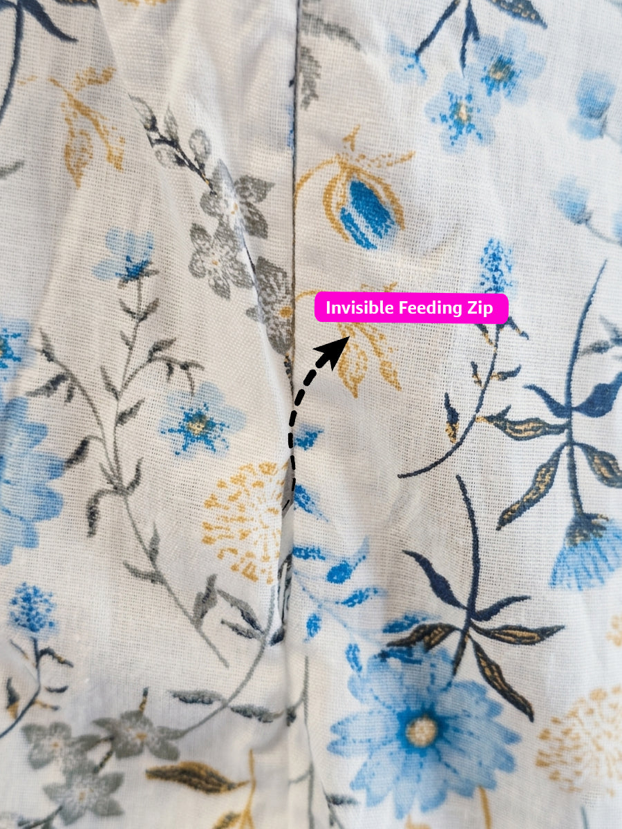 Ziva Cotton Maternity & Feeding Short Nighty with Pocket and Two Side Invisible Feeding Zips  – Blue & Yellow Floral