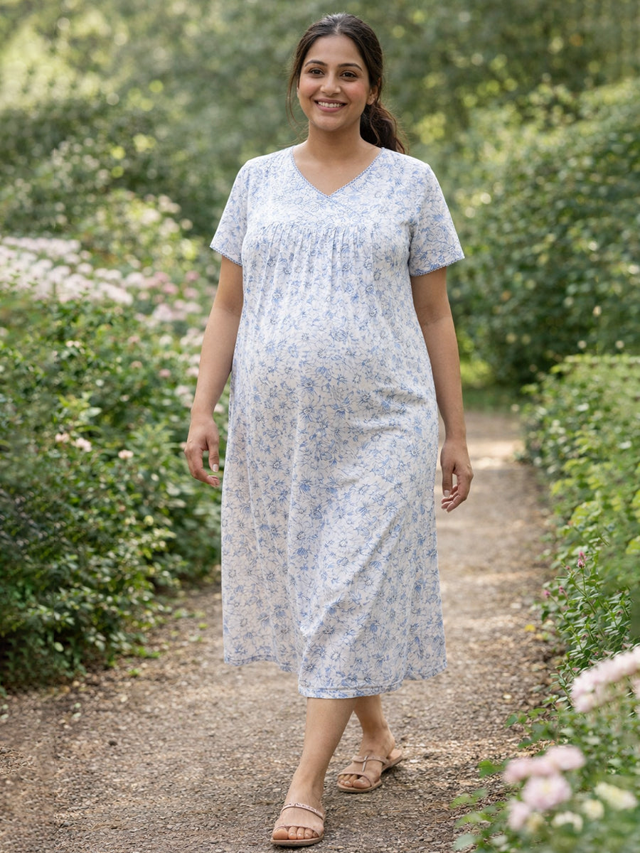 Ziva Cotton Maternity & Feeding Short Nighty with Pocket and Two Side Invisible Feeding Zips  – Light Blue Floral
