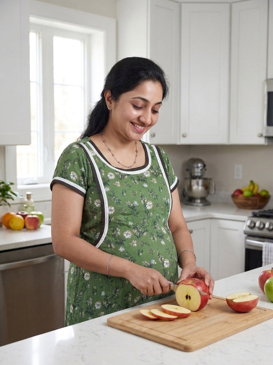 Ziva Maternity & Feeding Full-Length Night Gown – Dark Green Floral | Zipless Feeding | A-Line Comfort | Soft Lace Finish