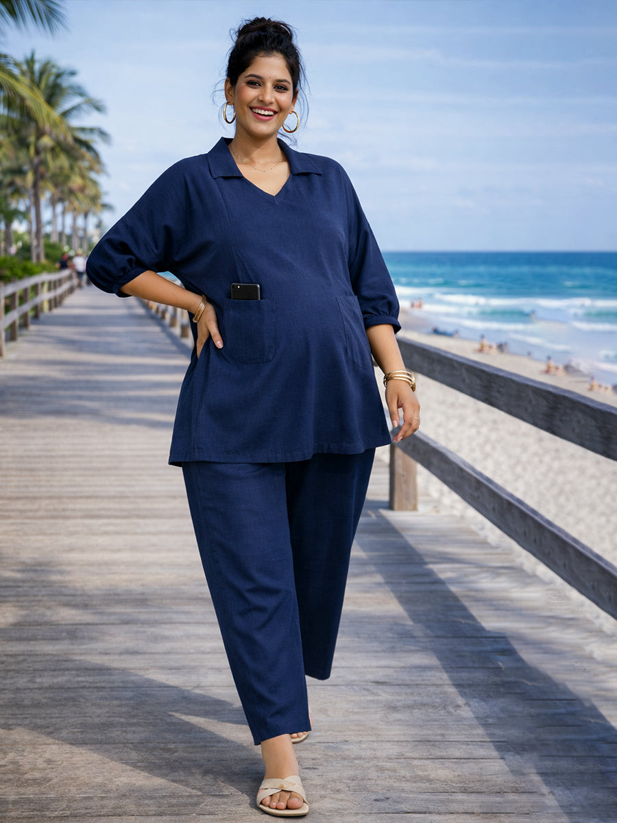 Ziva Maternity & Feeding Co-ord Set with Invisible Nursing Zip & Wide-Leg Adjustable Pant – Navy Blue