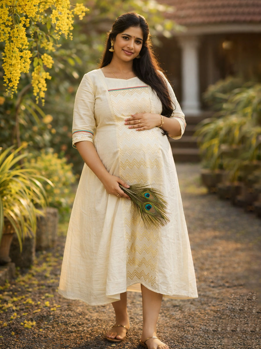 Ziva Maternity & Feeding Cotton Midi Dress with Concealed Zip – Off-White Vishu & Festive Collection