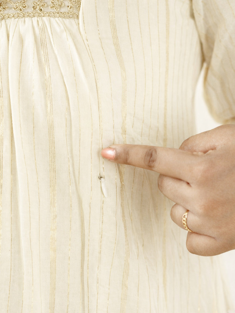 Ziva Maternity & Feeding Cotton Midi Dress with Embroidered Lace Yoke & Concealed Zip – Cream Vishu & Festive Collection