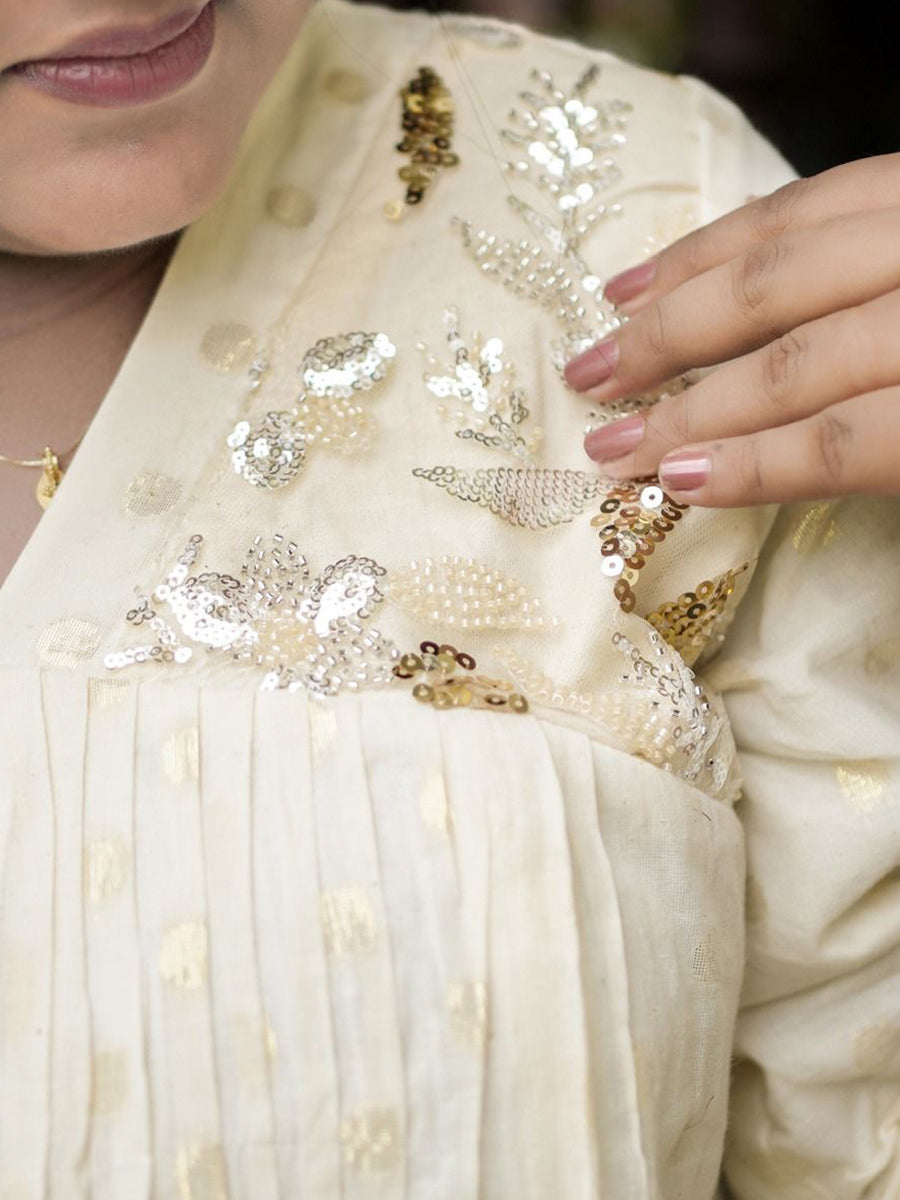 Ziva Maternity & Feeding Cotton Midi Dress with Concealed Zip – Off-White Gold Polka Vishu & Festive Collection