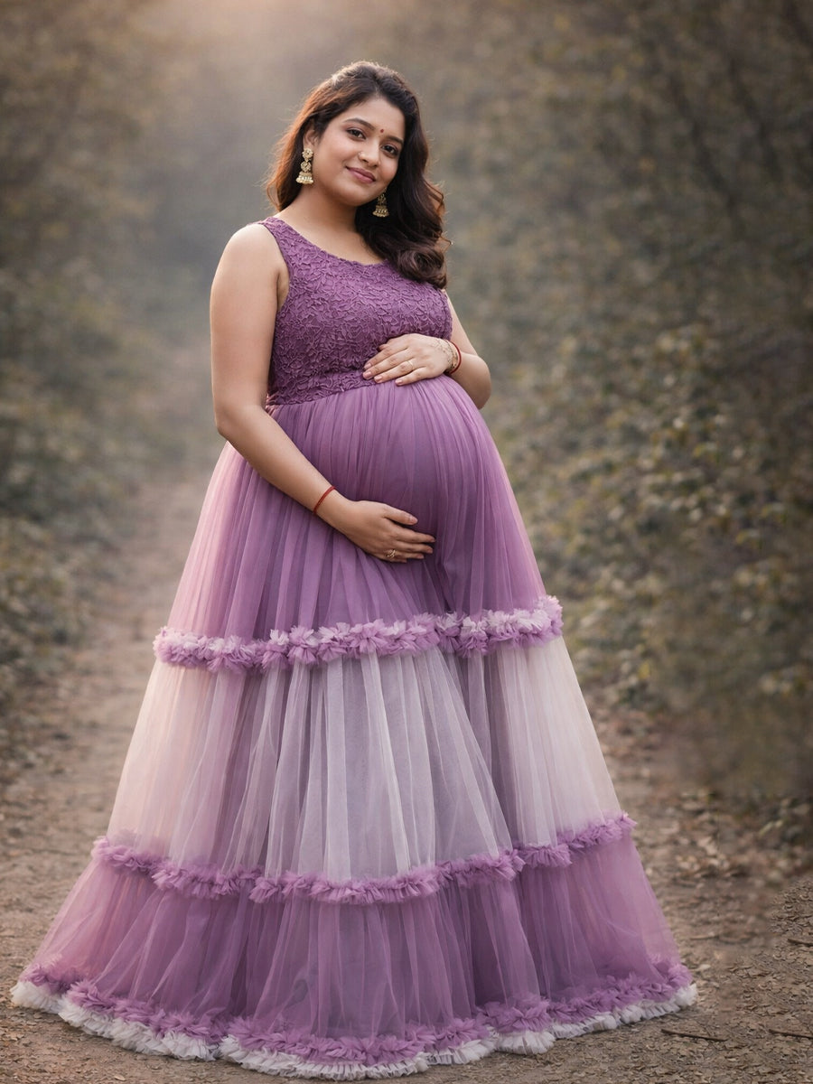 Ziva Maternity Photoshoot & Baby Shower Tiered Trail Gown – Mauve with Light Shade Layers