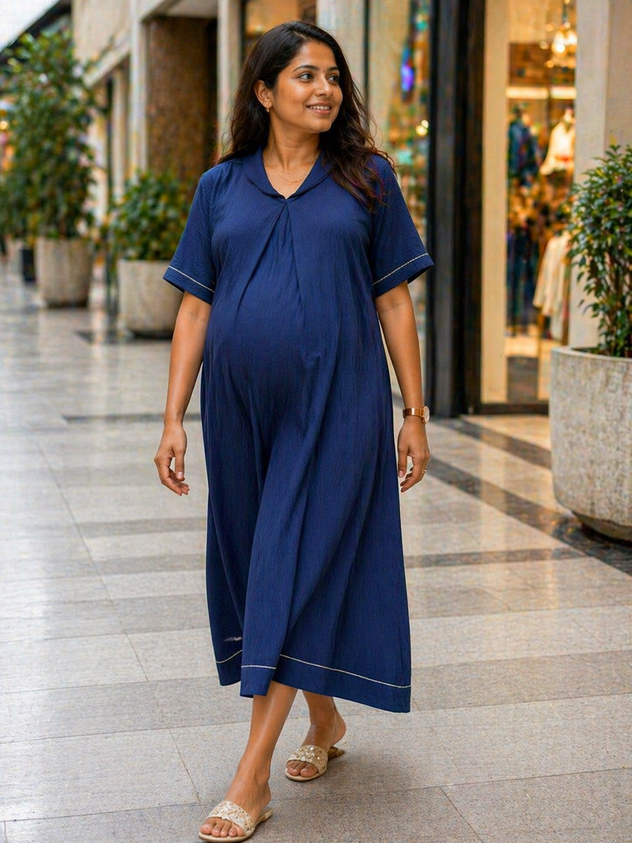 Ziva Maternity & Feeding A-Line Dress with Zip & Pocket – Deep Blue