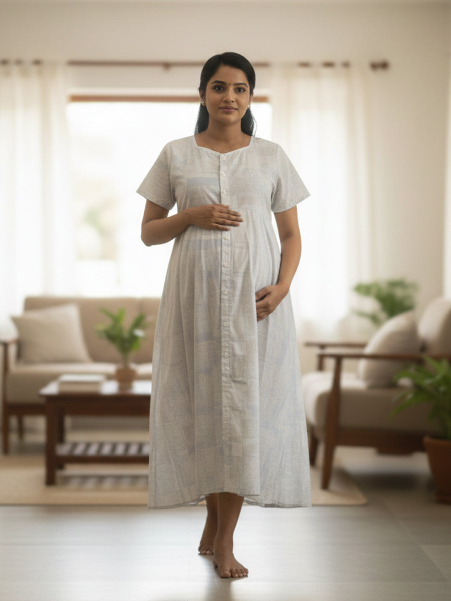 Cotton Full-Open Short Maternity Nighty – White Marble Print | ziva