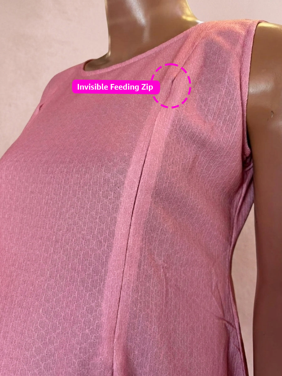Ziva Maternity & Feeding Dress with Sleeveless Inner & Long Jacket – Pink & White