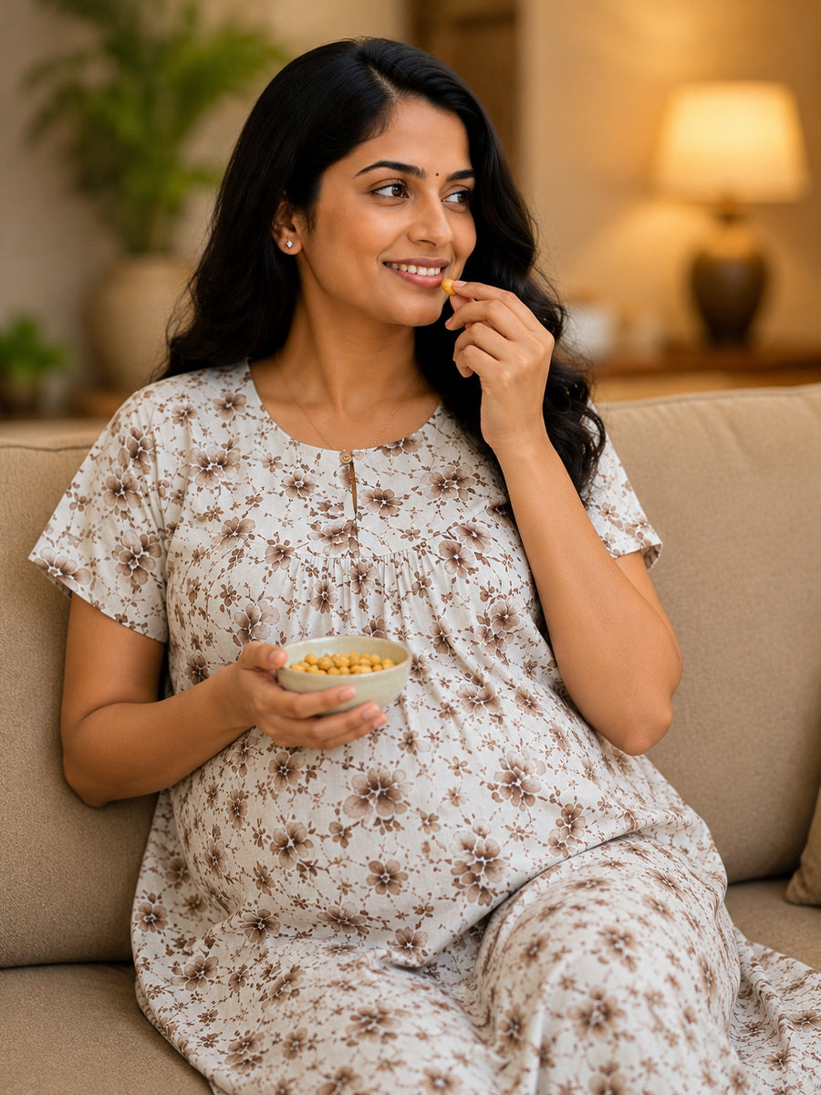 Ziva Maternity & Feeding Cotton Short Nighty with Zip & Pocket – White & Brown Ditsy Floral