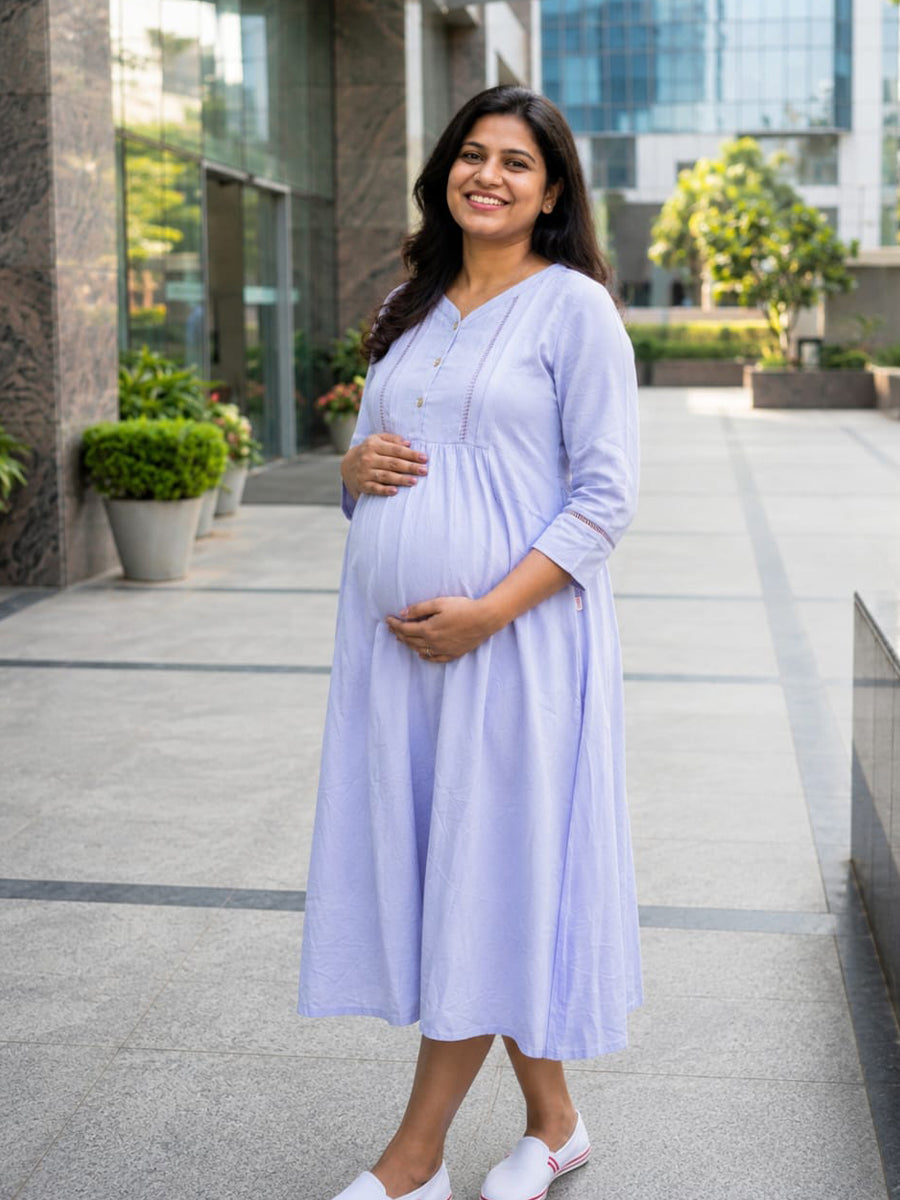 Ziva Maternity & Feeding Crinkle Textured Dress with Invisible Feeding Zip & Pocket – Lavender