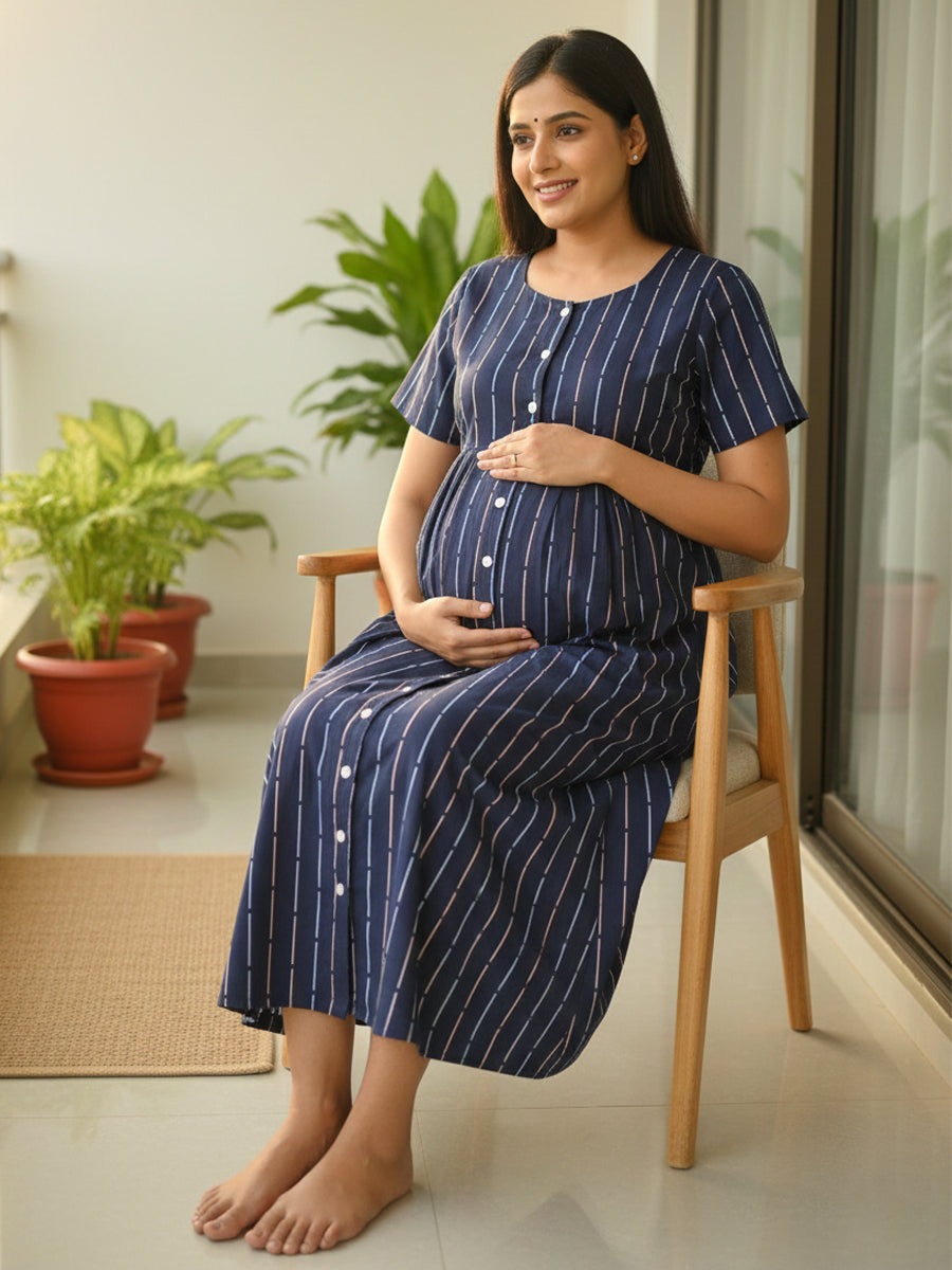 Cotton Full-Open Short Maternity Nighty – Navy Blue Line Print