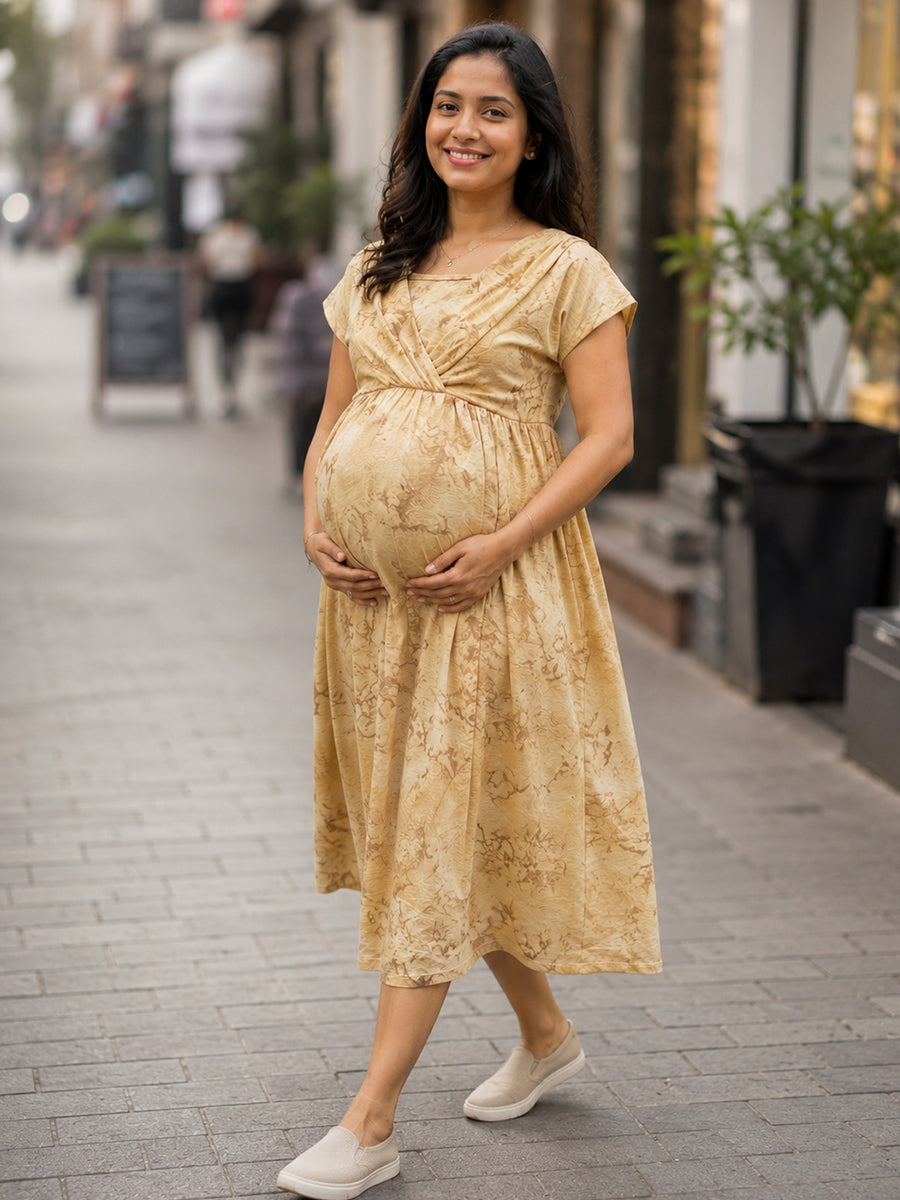 Ziva Maternity & Feeding Knitted Cotton Midi Dress with Zipless Feeding Access & Pocket – Light Golden Brown Tie-Dye