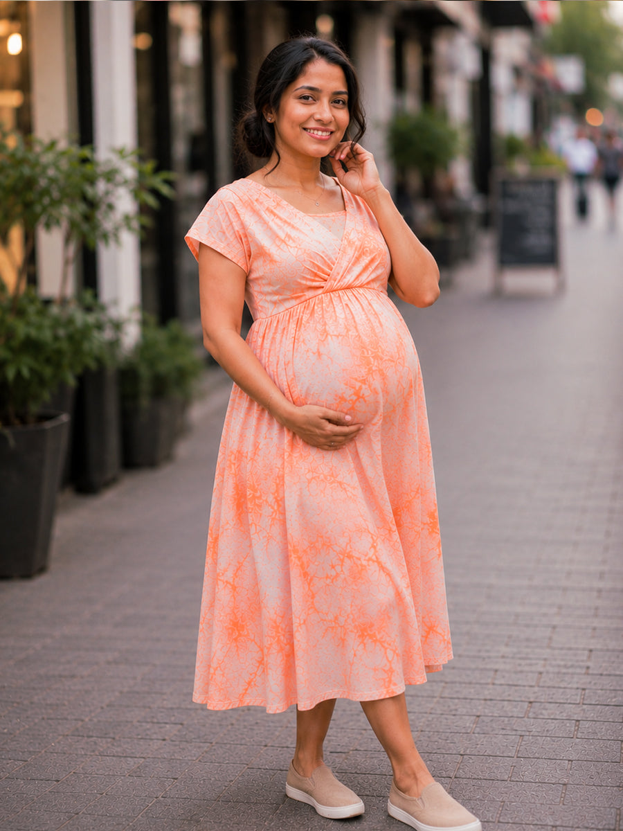 Ziva Maternity & Feeding Knitted Cotton Midi Dress with Zipless Feeding Access & Pocket – Orange Tie-Dye