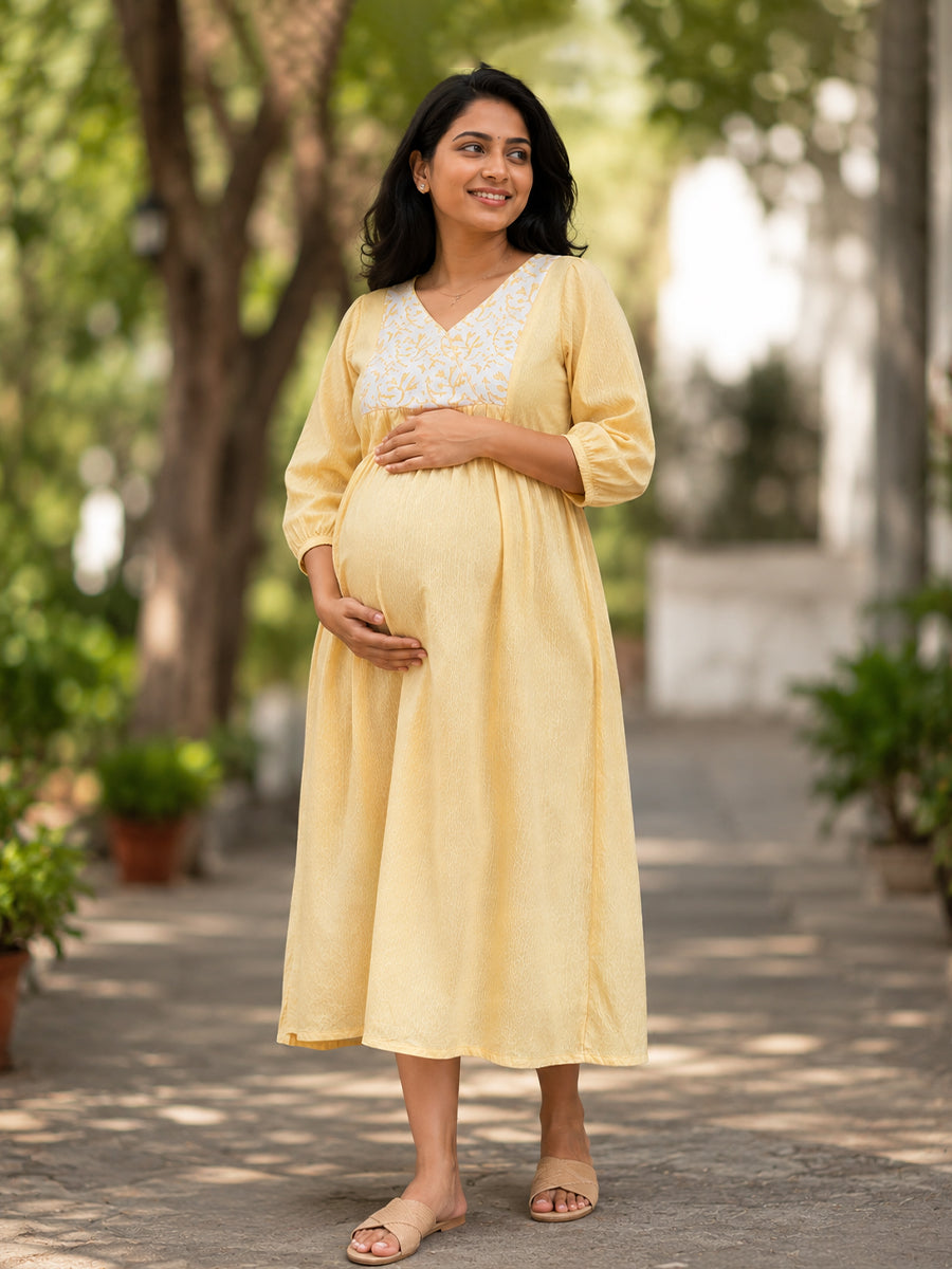 Ziva Maternity & Feeding Crushed Textured Shimmer Fabric Dress with Invisible Feeding Zip & Side Pocket – Yellow