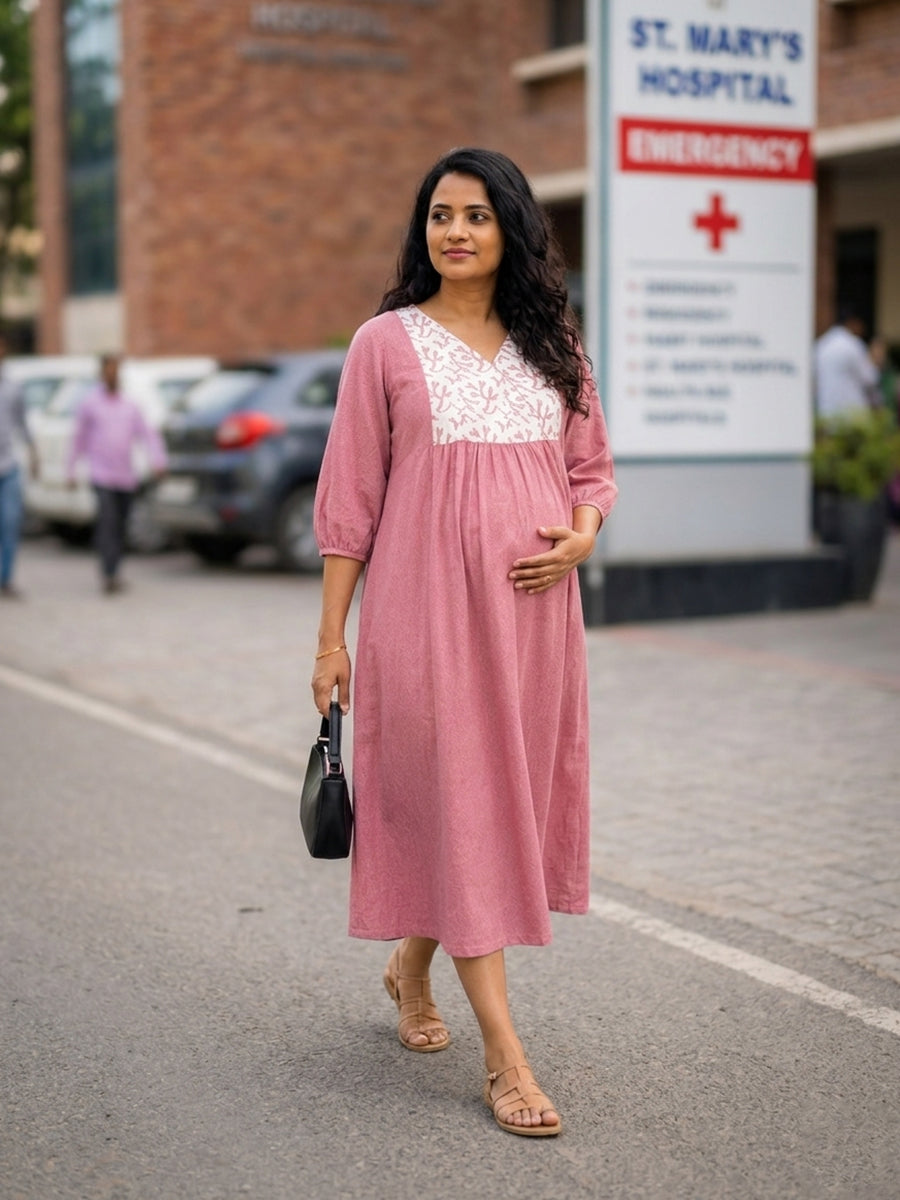 Ziva Maternity & Feeding Crushed Textured Shimmer Fabric Dress with Invisible Feeding Zip & Side Pocket – Pink
