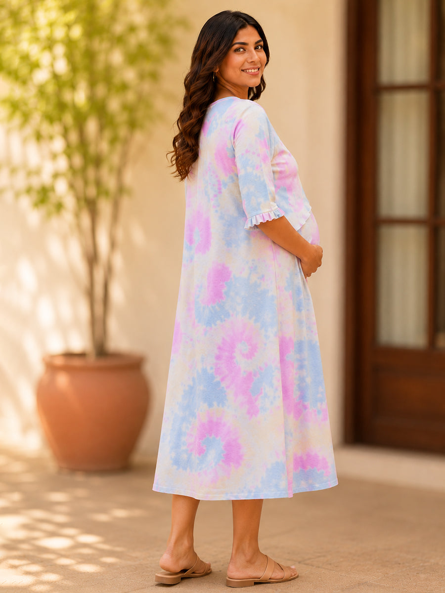 Ziva Maternity & Feeding Knitted Cotton Maxi Dress with Zipless Feeding Access & Pocket – Light Yellow Pastel Tie-Dye