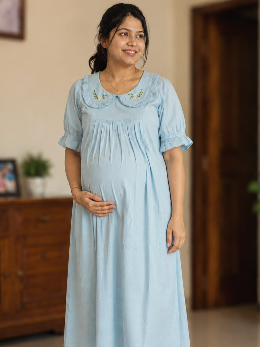 Ziva Maternity & Feeding Cotton Short Frock Nighty with Elegant Embroidered Peter Pan Collar, Invisible Feeding Zips & Pocket – Light Blue