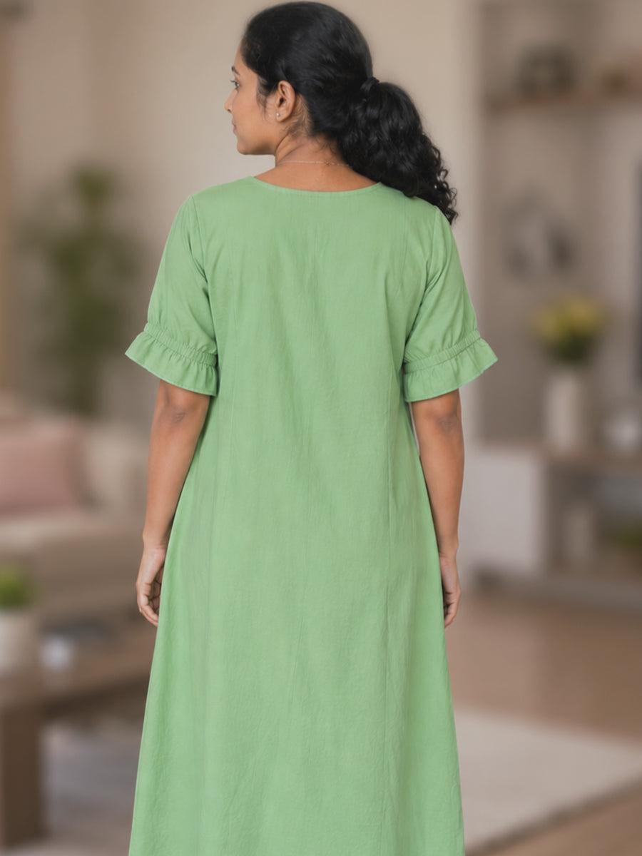 Ziva Maternity & Feeding Cotton Short Frock Nighty with Elegant Embroidered Peter Pan Collar, Invisible Feeding Zips & Pocket – Sage Green