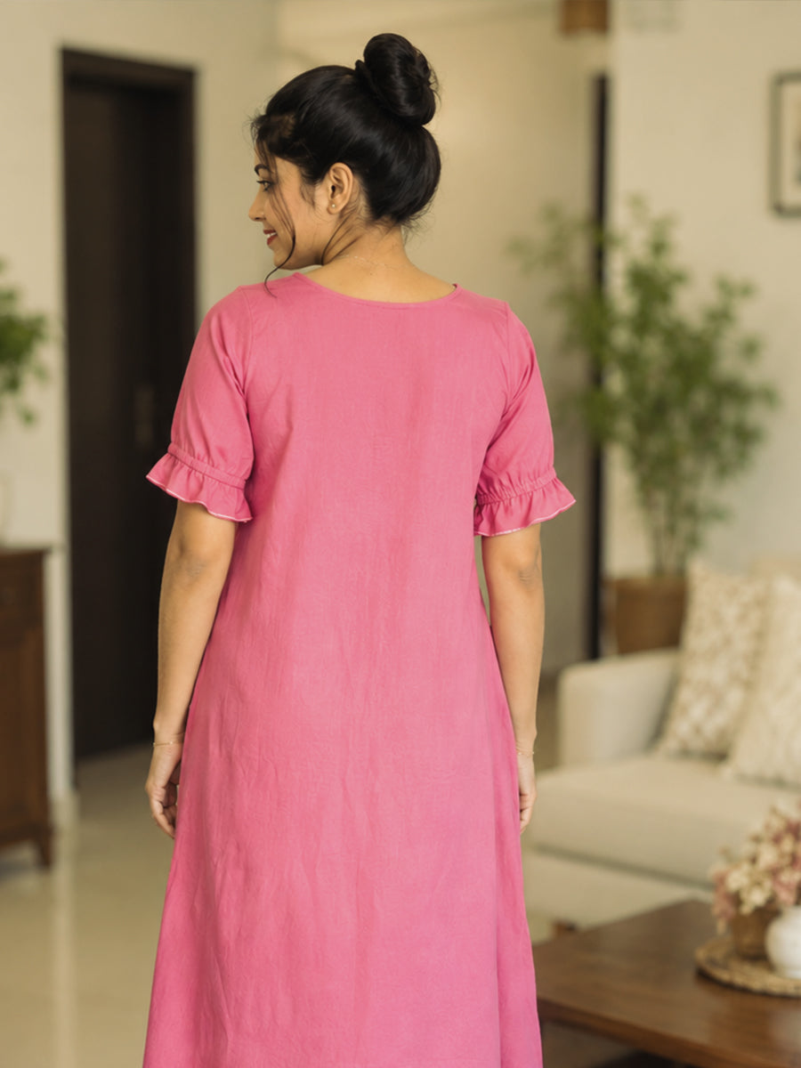 Ziva Maternity & Feeding Cotton Short Frock Nighty with Elegant Embroidered Peter Pan Collar, Invisible Feeding Zips & Pocket – Rosy Peach