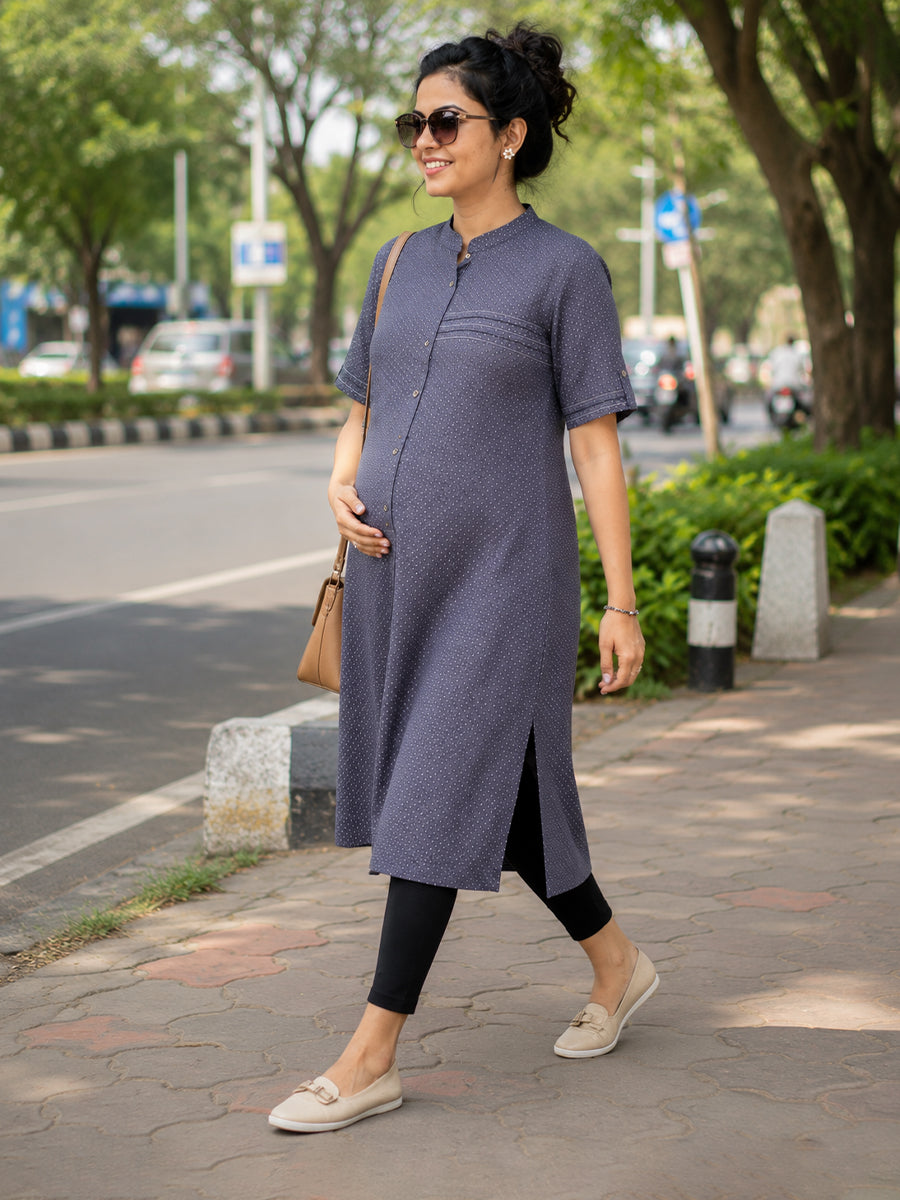 Ziva Maternity & Feeding Cotton Kurta Top with Mandarin Collar, Front Button Opening & Pocket