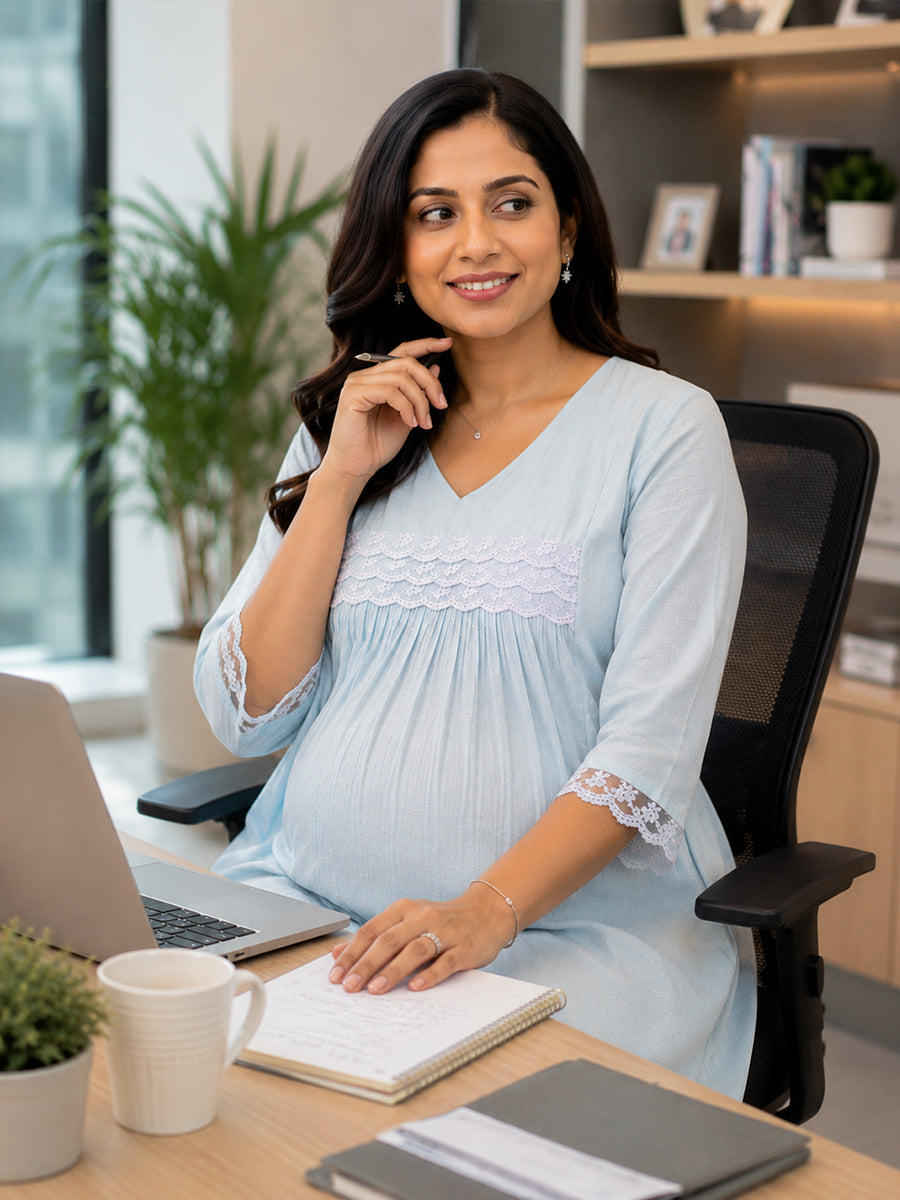 Ziva Maternity & Feeding Slub Grain Textured Dress with Invisible Feeding Zips, Crochet Lace Detailing & Pocket – Powder Blue