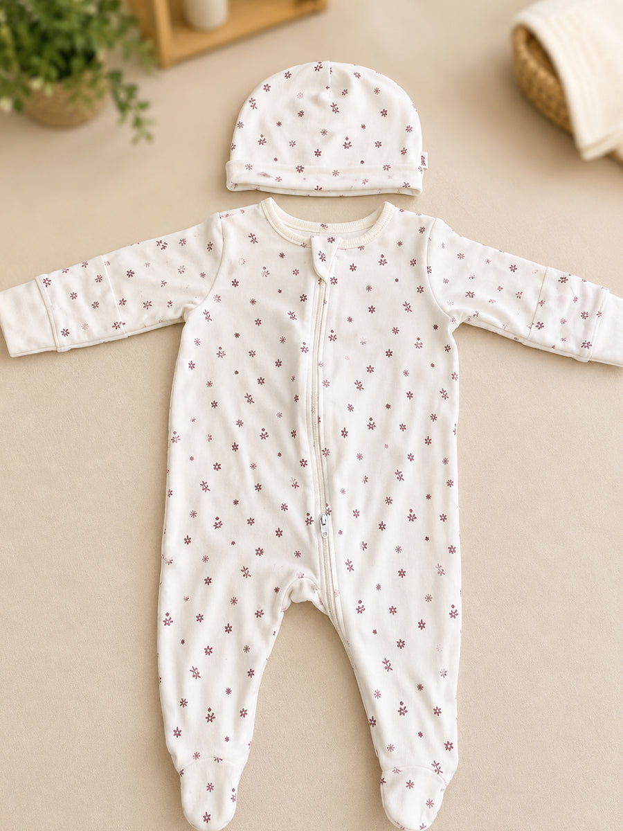 Ziva Baby Sleepsuit with Cap – Knitted Cotton Front Zip, Fold-Over Mittens & Integrated Booties | Sweet Meadow Floral Print