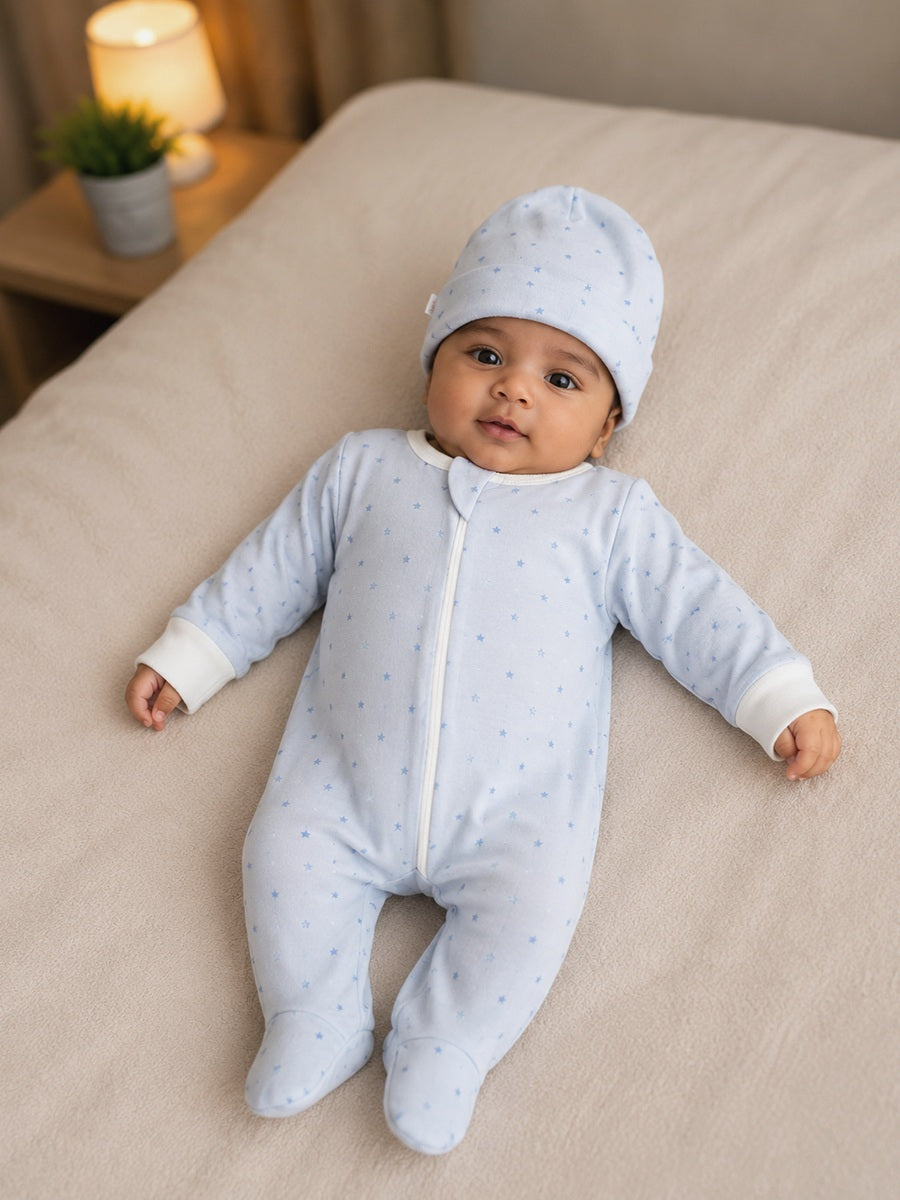 Ziva Baby Sleepsuit with Cap – Knitted Cotton Front Zip, Fold-Over Mittens & Integrated Booties | Baby Blue | Tiny Blue Stars Print